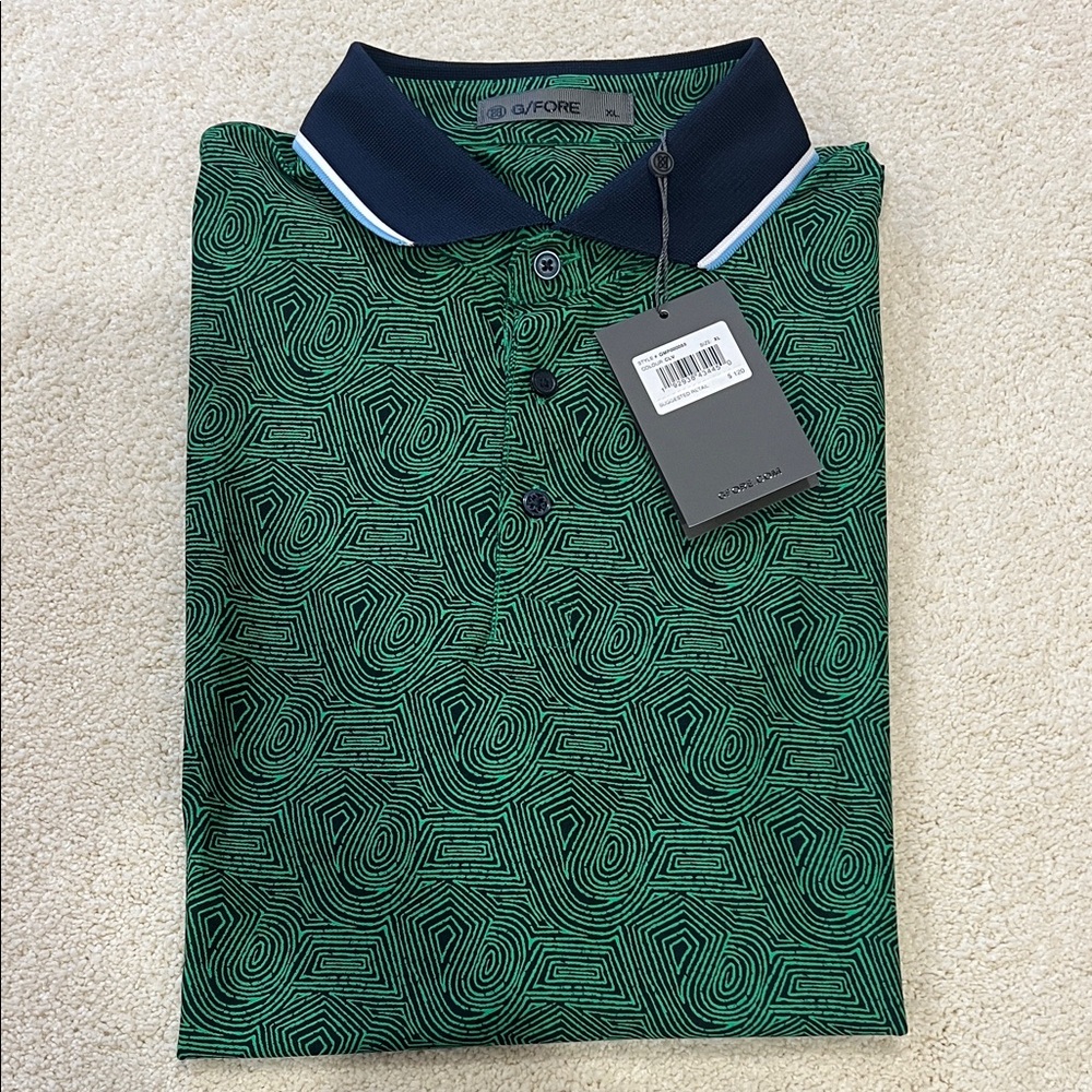 NWT G/FORE Green Geometric GOLF Polo with Navy Contrast Collar
